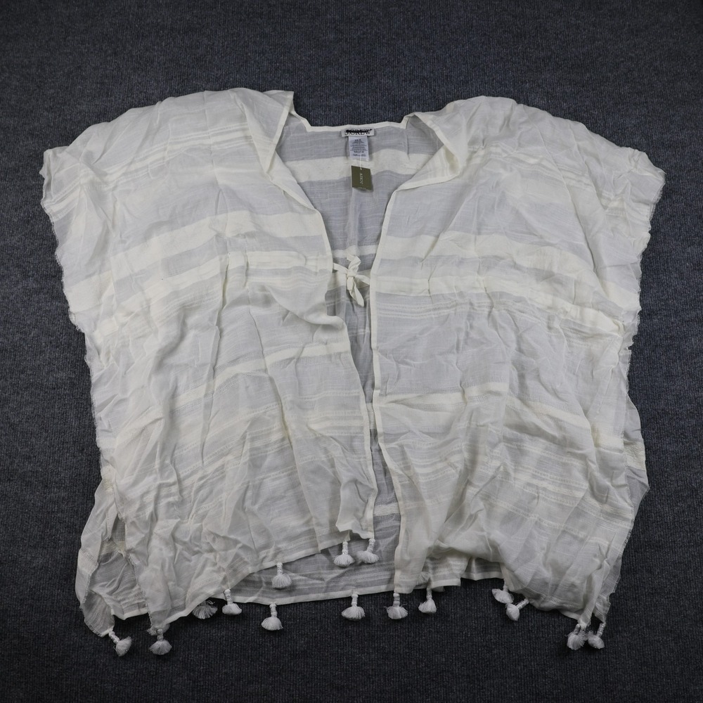 J.Crew Beach Poncho Womens XS/S Ivory Pearl Tassel Trim Sheer Striped Cover-Up